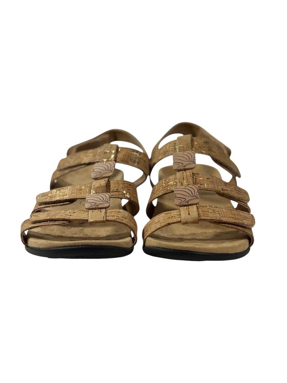 Vionic Amanda Tan Gold Adjustable Strap Cork Enamel Trim Sandals 8 - Picture 4 of 9